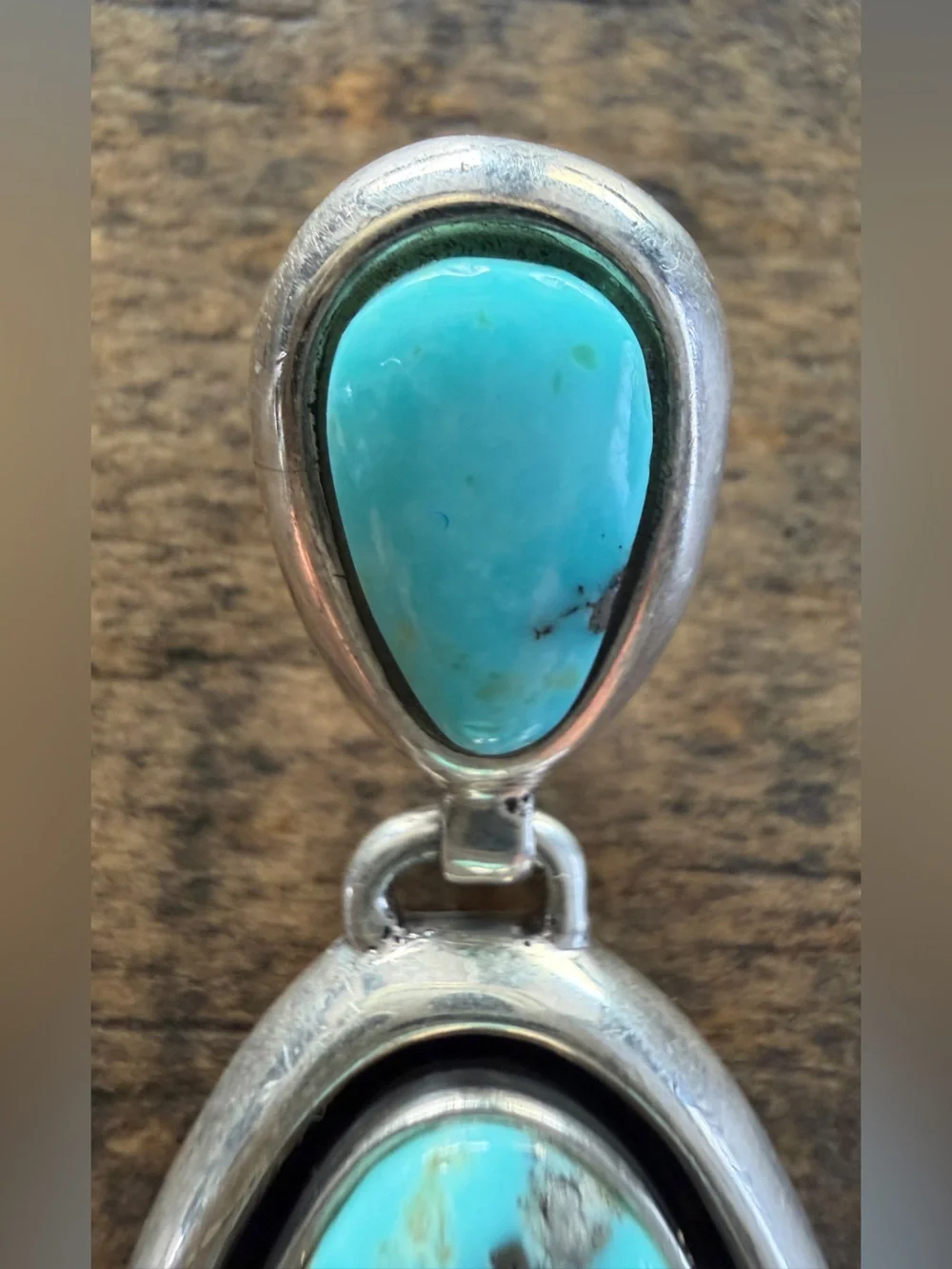 Southwestern Native Turquoise Sterling Silver Two Stone Pendant Signed FW Lente